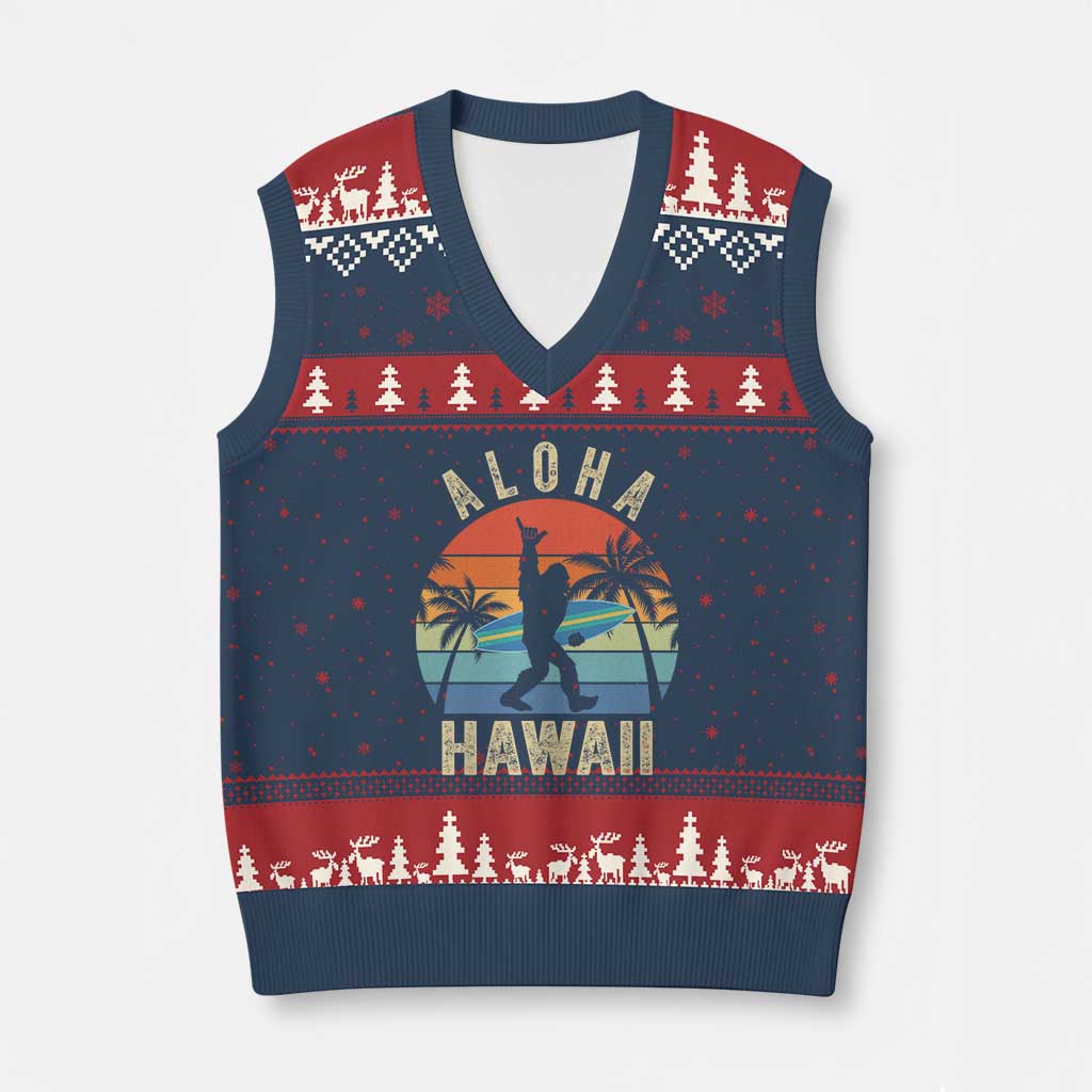 Funny Bigfoot Aloha Hawaiian Surfing V-Neck Knit Sweater Vest Tropical Beach Surfer Gift