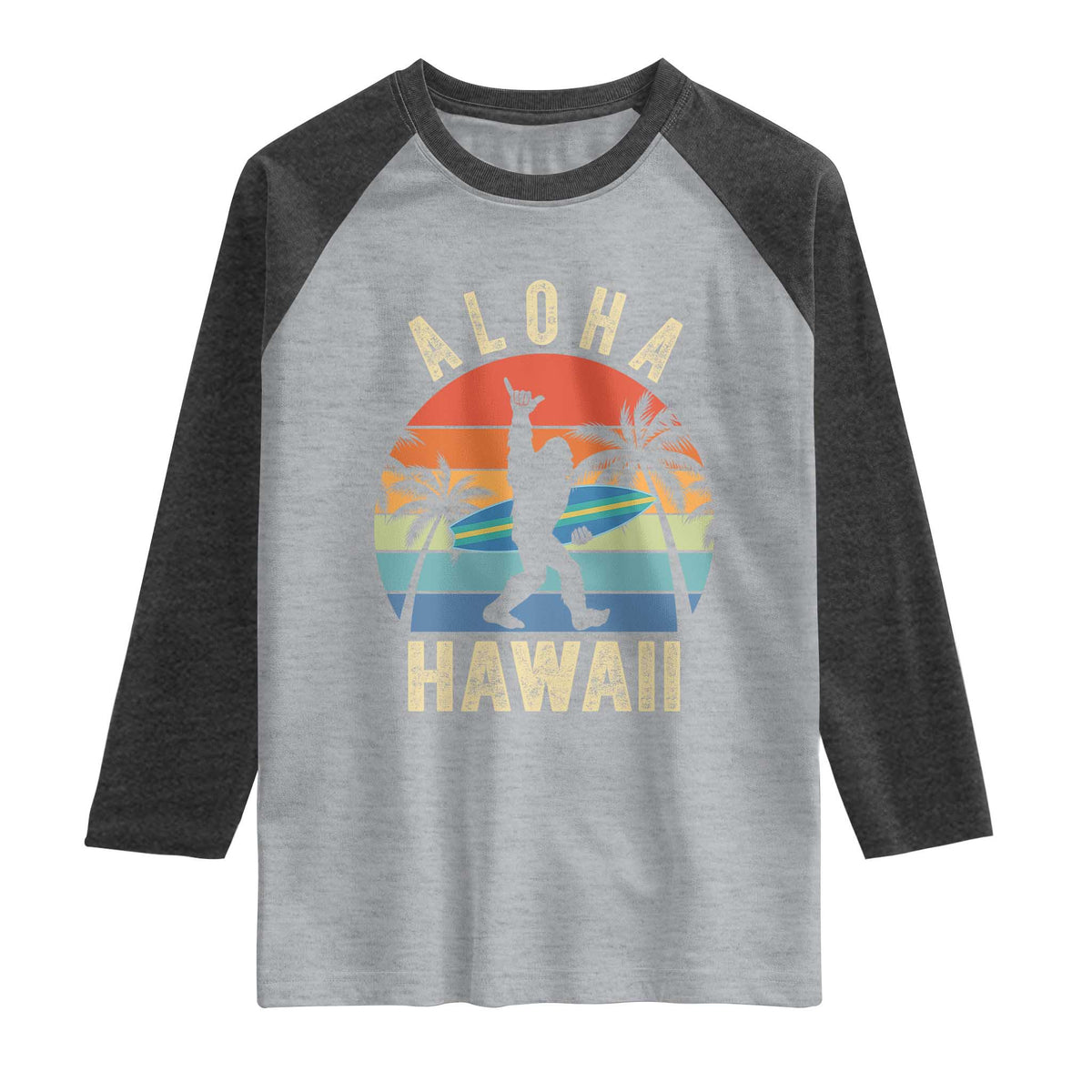 Funny Bigfoot Aloha Hawaiian Surfing Raglan Shirt Tropical Beach Surfer Gift