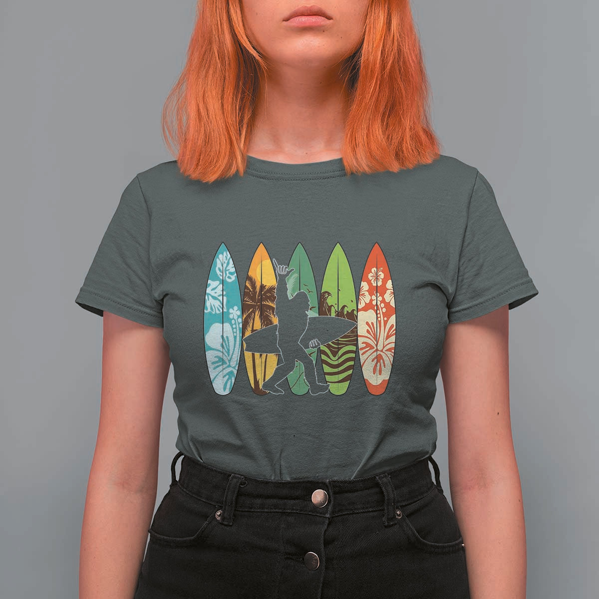 Funny Bigfoot Aloha Hawaiian Surfing Tropical Beach Surfer T Shirt For Women