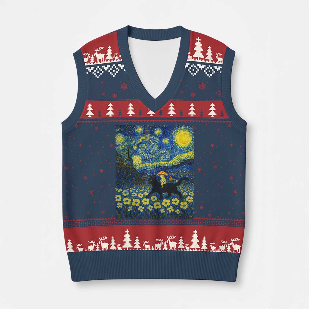 Cute Cottagcore Cat Mushroom V-Neck Knit Sweater Vest Starry Night Fungi Mycology Lover - Wonder Print Shop