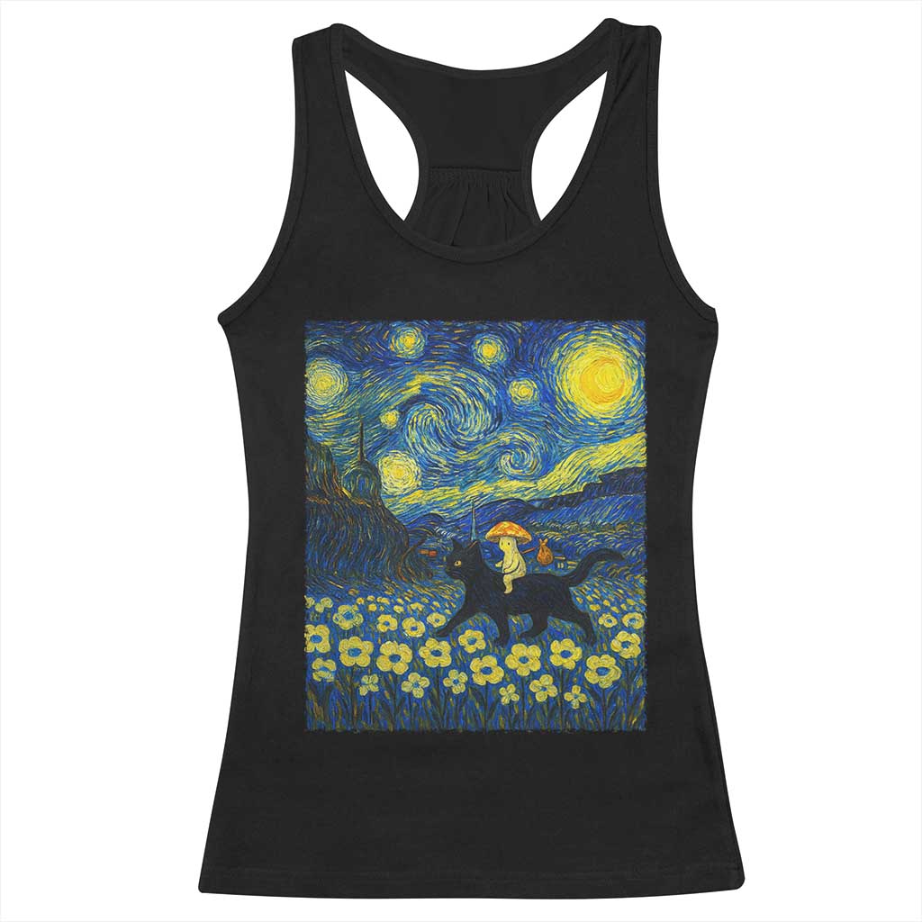 Cute Cottagcore Cat Mushroom Racerback Tank Top Starry Night Fungi Mycology Lover - Wonder Print Shop