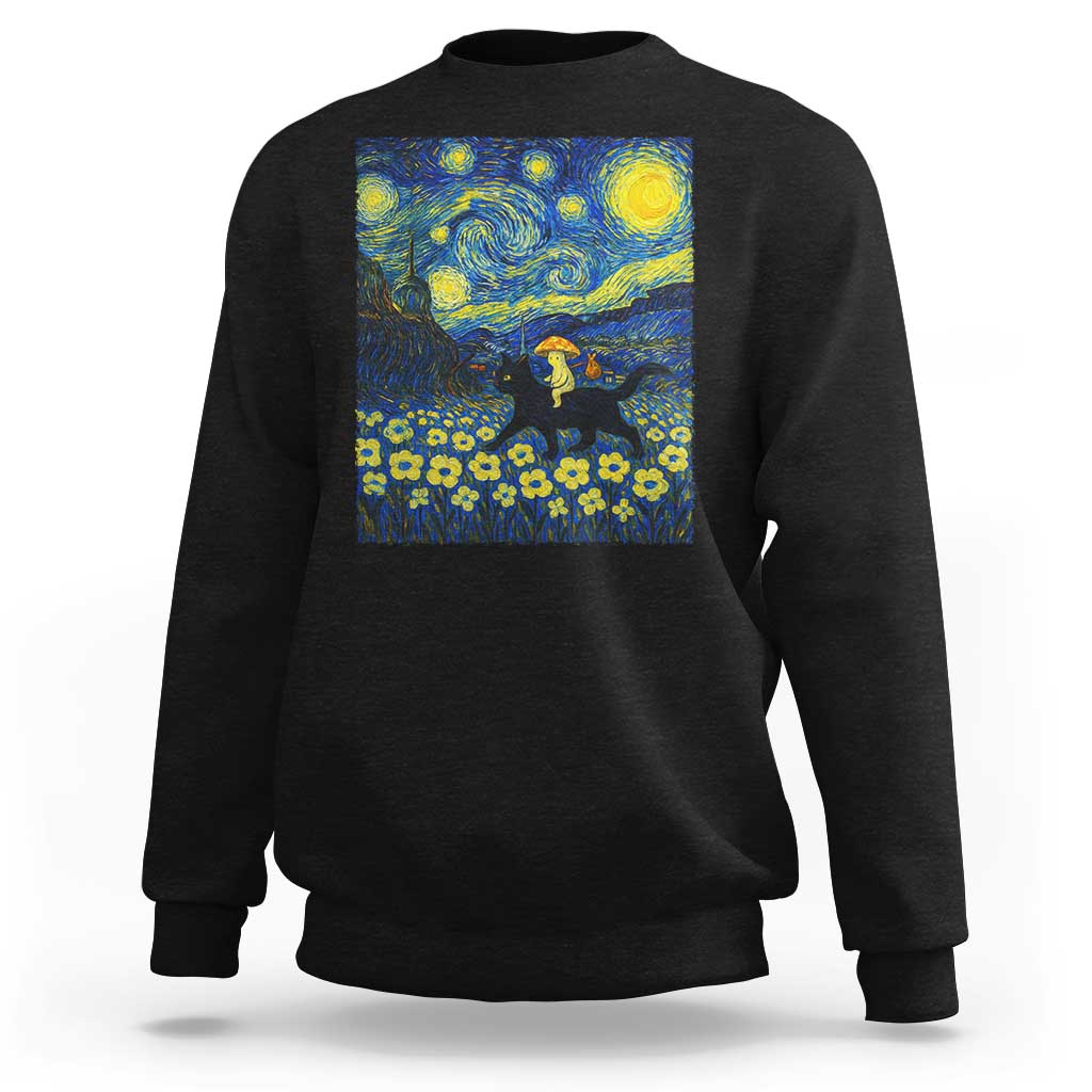Cute Cottagcore Cat Mushroom Sweatshirt Starry Night Fungi Mycology Lover - Wonder Print Shop