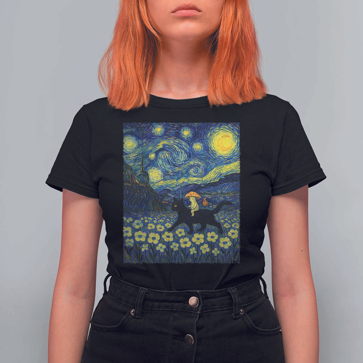 Cute Cottagcore Cat Mushroom T Shirt For Women Starry Night Fungi Mycology Lover - Wonder Print Shop