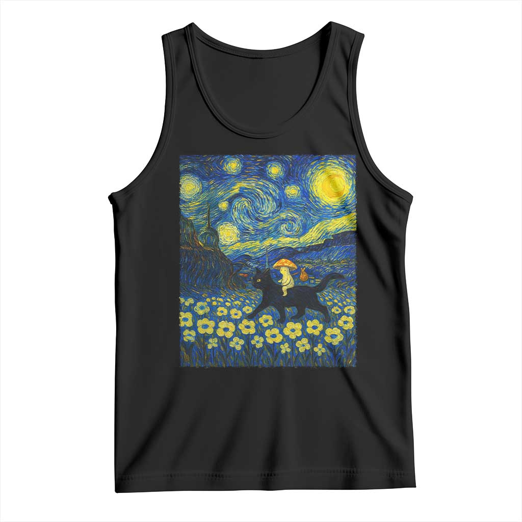 Cute Cottagcore Cat Mushroom Tank Top Starry Night Fungi Mycology Lover - Wonder Print Shop