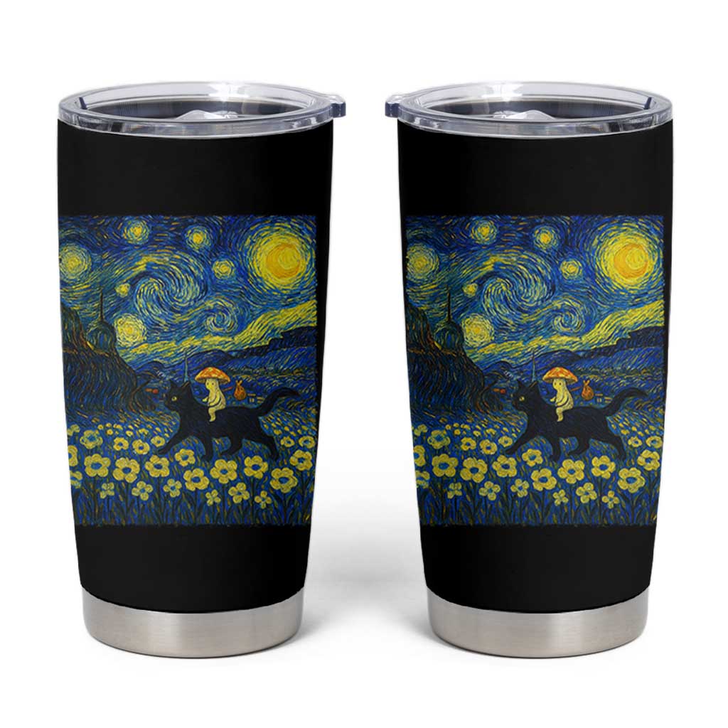Cute Cottagcore Cat Mushroom Tumbler Cup Starry Night Fungi Mycology Lover