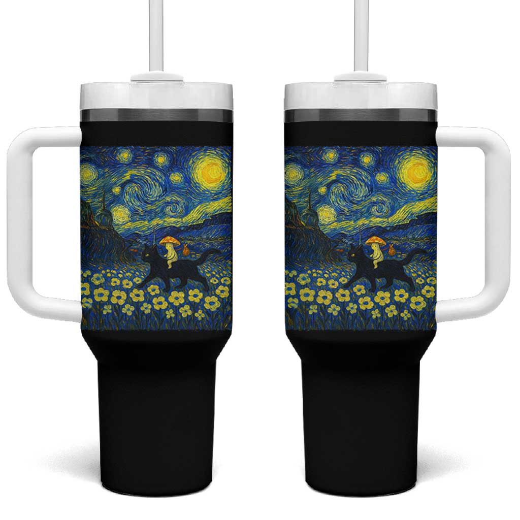 Cute Cottagcore Cat Mushroom Tumbler With Handle Starry Night Fungi Mycology Lover