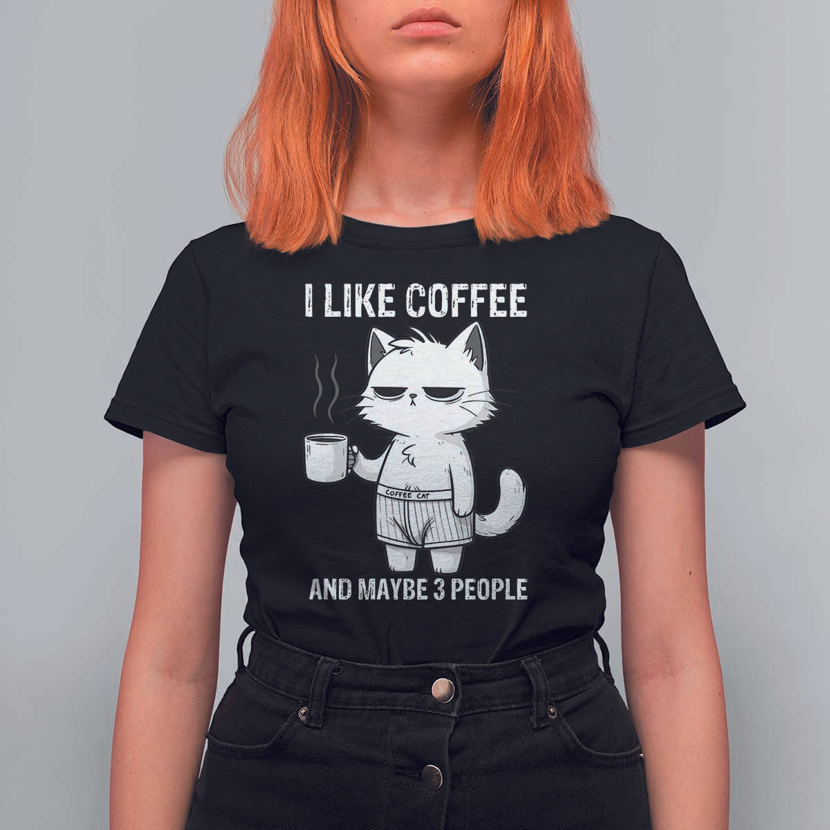 I Like Coffee And Maybe Three People T Shirt For Women Funny Cat Coffee Lover - Wonder Print Shop