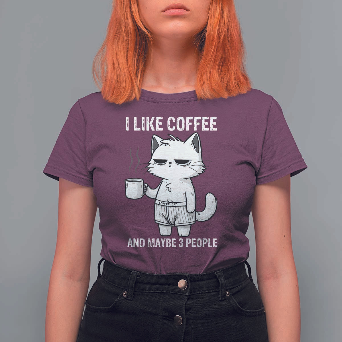I Like Coffee And Maybe Three People T Shirt For Women Funny Cat Coffee Lover - Wonder Print Shop