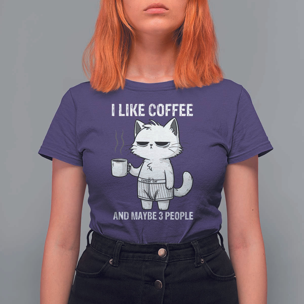 I Like Coffee And Maybe Three People T Shirt For Women Funny Cat Coffee Lover - Wonder Print Shop
