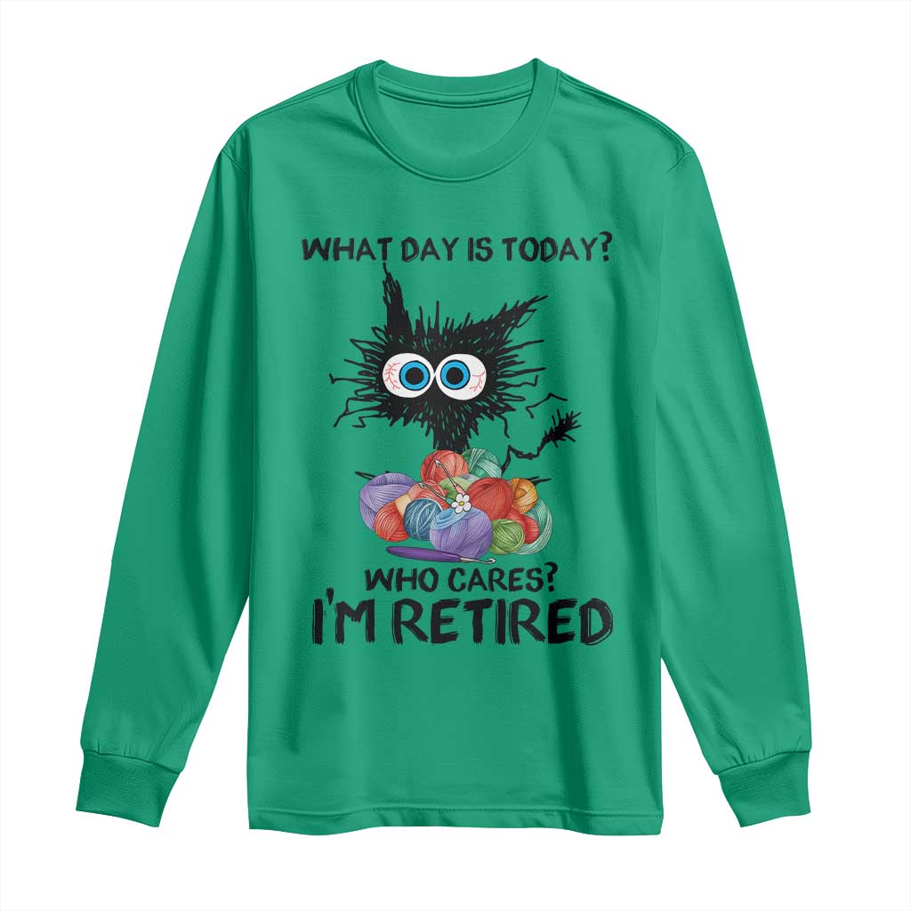 Funny Retired Cat Crochet Long Sleeve Shirt What Day Is Today Who Cares I Am Retired - Wonder Print Shop