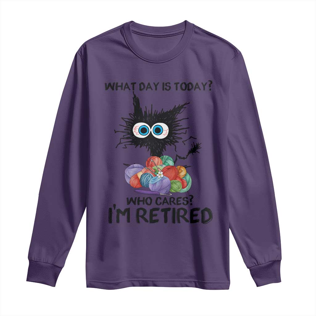 Funny Retired Cat Crochet Long Sleeve Shirt What Day Is Today Who Cares I Am Retired - Wonder Print Shop