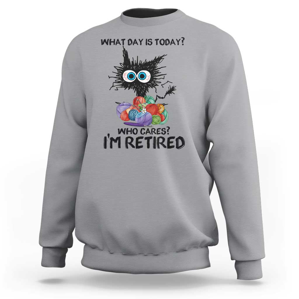 Funny Retired Cat Crochet Sweatshirt What Day Is Today Who Cares I Am Retired - Wonder Print Shop