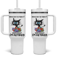 Funny Retired Cat Crochet Tumbler With Handle What Day Is Today Who Cares I Am Retired