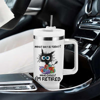 Funny Retired Cat Crochet Tumbler With Handle What Day Is Today Who Cares I Am Retired