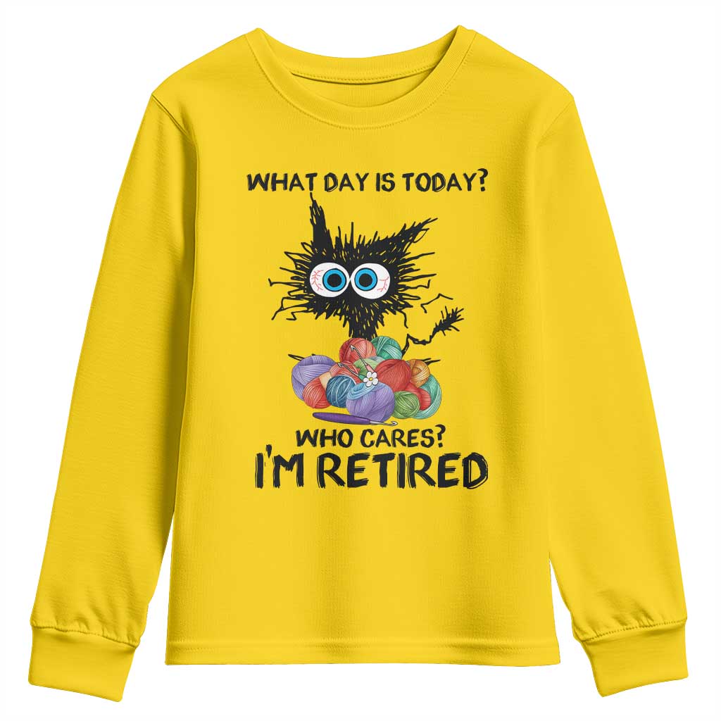Funny Retired Cat Crochet Youth Sweatshirt What Day Is Today Who Cares I Am Retired - Wonder Print Shop