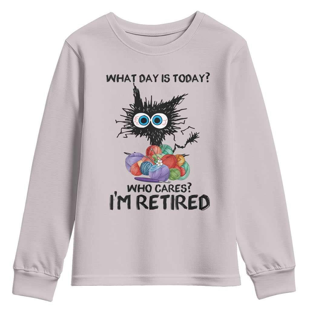 Funny Retired Cat Crochet Youth Sweatshirt What Day Is Today Who Cares I Am Retired - Wonder Print Shop