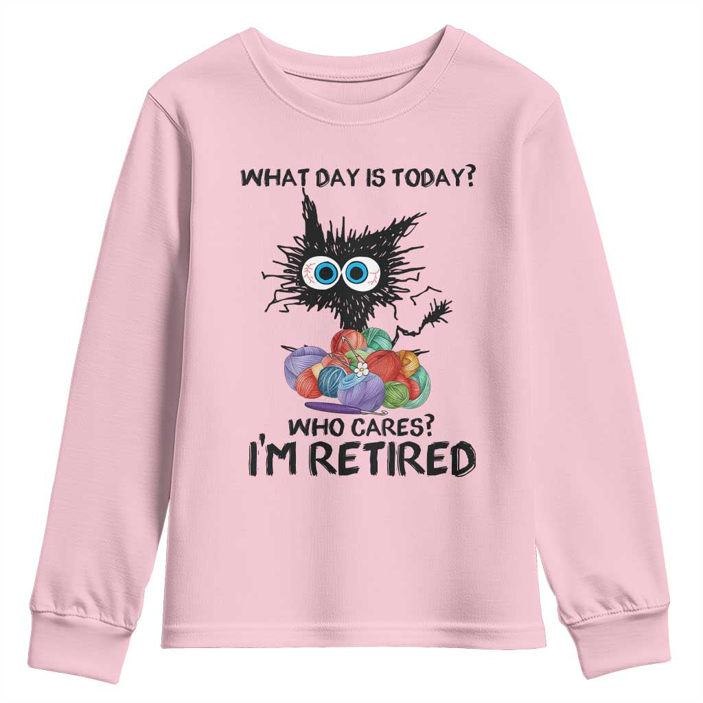 Funny Retired Cat Crochet Youth Sweatshirt What Day Is Today Who Cares I Am Retired - Wonder Print Shop