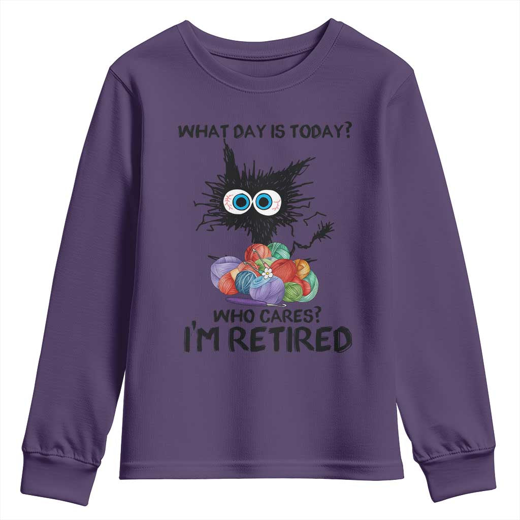 Funny Retired Cat Crochet Youth Sweatshirt What Day Is Today Who Cares I Am Retired - Wonder Print Shop