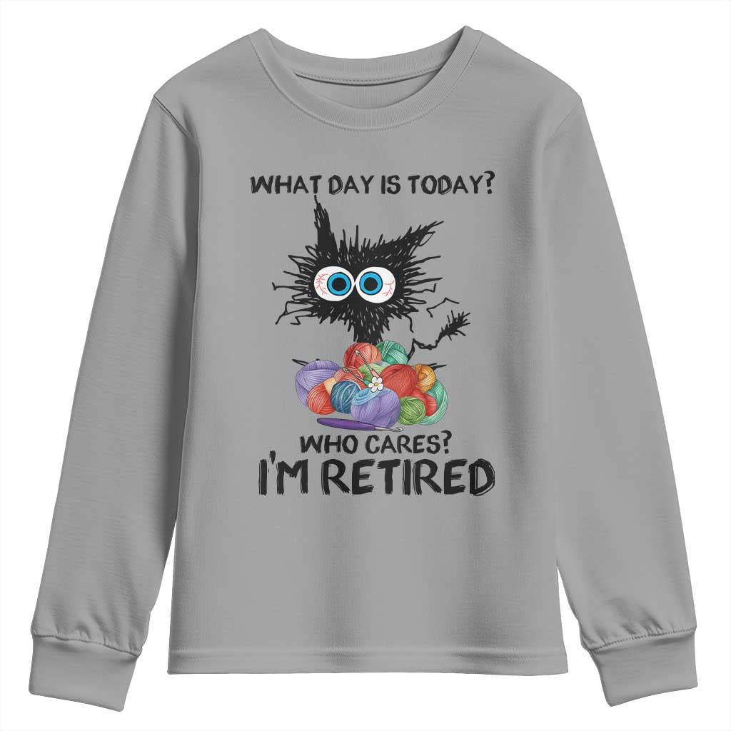 Funny Retired Cat Crochet Youth Sweatshirt What Day Is Today Who Cares I Am Retired - Wonder Print Shop
