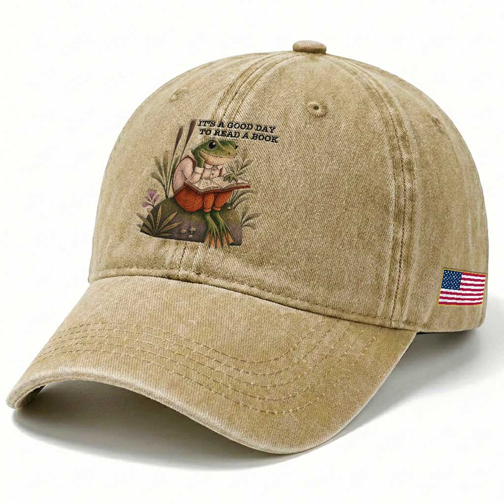 Frog Classic Books Washed Cotton Baseball Cap It Is A Good Day To Read A Book