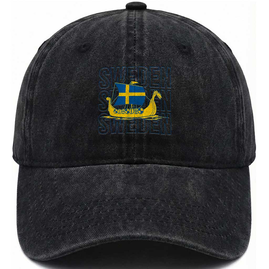 Swedish Viking Ship Sverige Sweden Flag Boat Viking Washed Cotton Baseball Cap