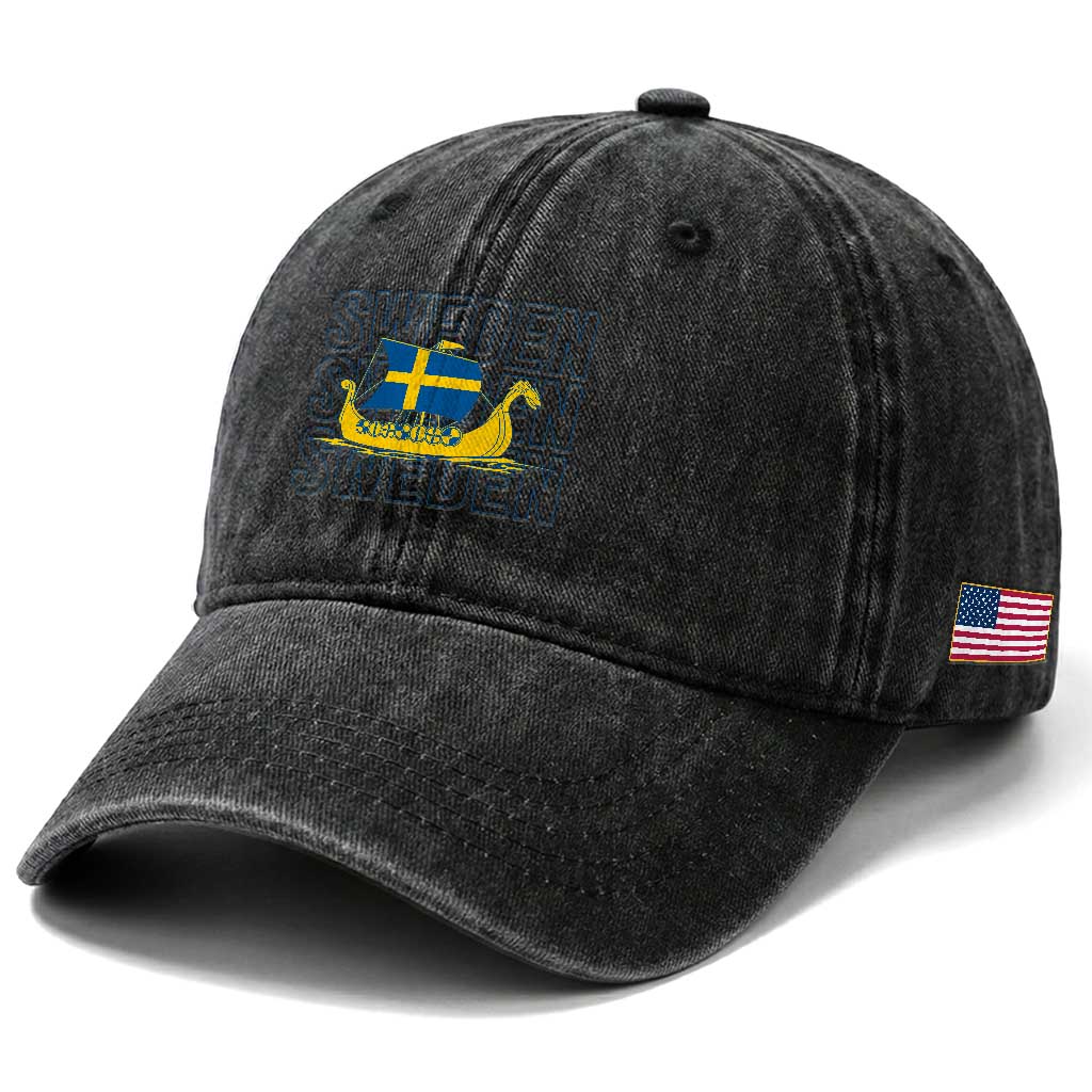 Swedish Viking Ship Sverige Sweden Flag Boat Viking Washed Cotton Baseball Cap