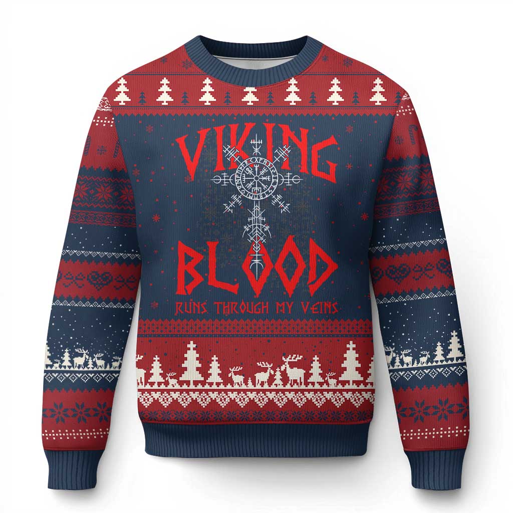 Viking Blood Runs Through My Veins Ugly Christmas Sweater Compass Vegvisir Nordic Rune Celtic