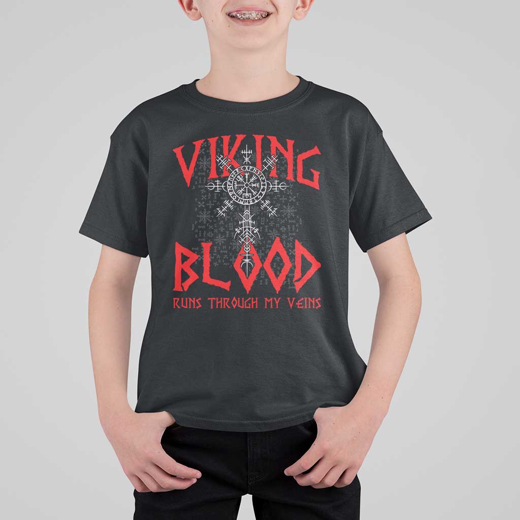 Viking Blood Runs Through My Veins T Shirt For Kid Compass Vegvisir Nordic Rune Celtic