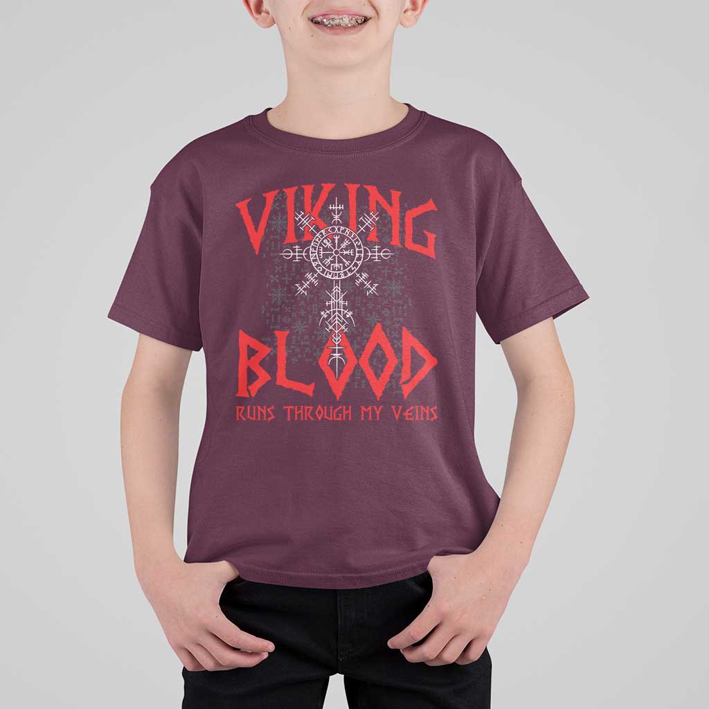 Viking Blood Runs Through My Veins T Shirt For Kid Compass Vegvisir Nordic Rune Celtic
