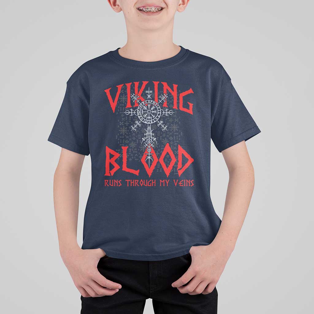 Viking Blood Runs Through My Veins T Shirt For Kid Compass Vegvisir Nordic Rune Celtic