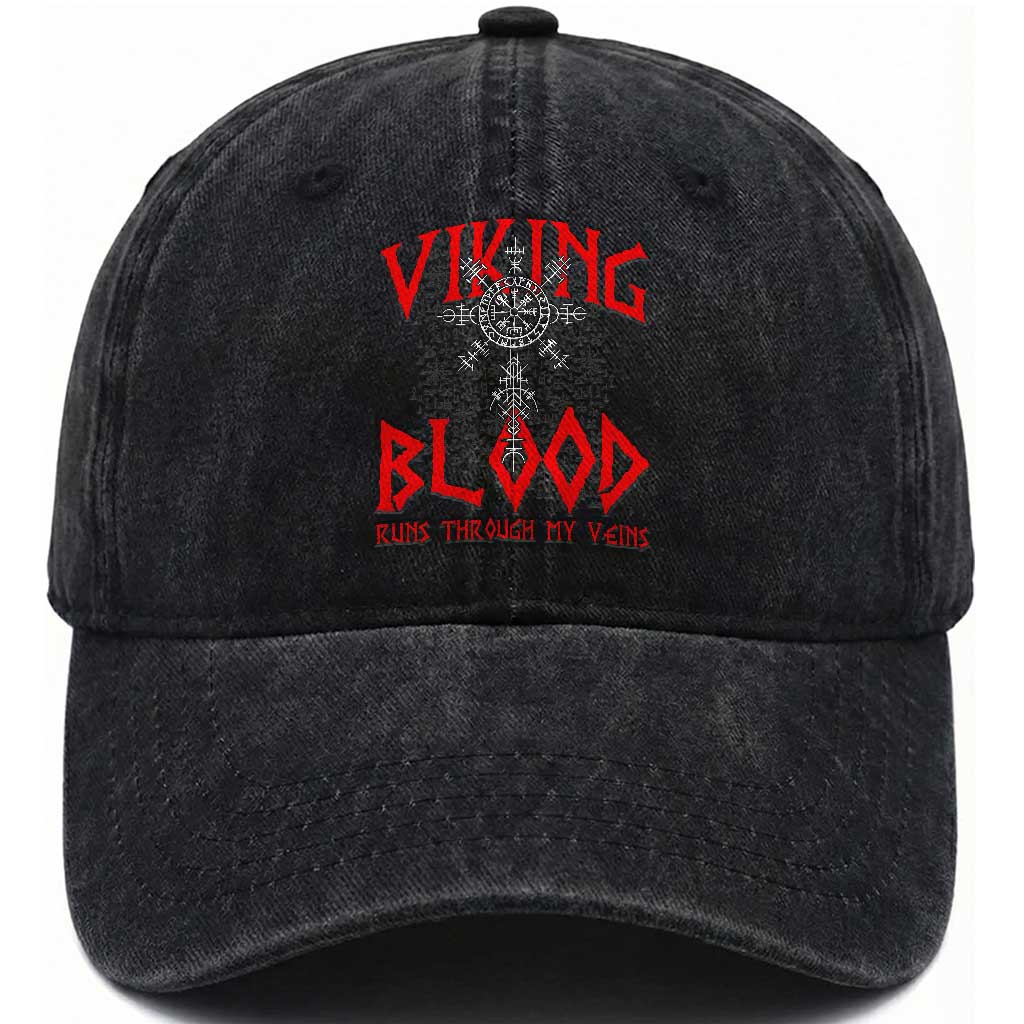 Viking Blood Runs Through My Veins Washed Cotton Baseball Cap Compass Vegvisir Nordic Rune Celtic