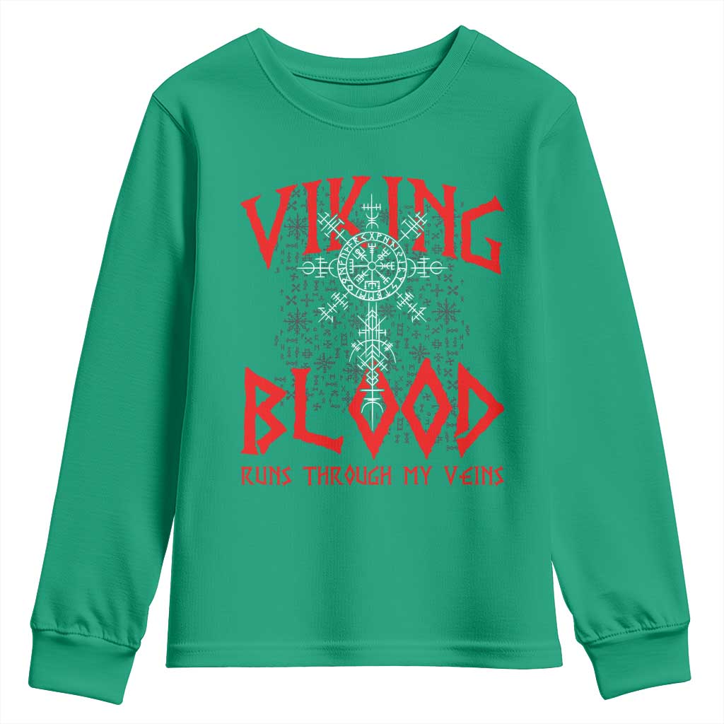 Viking Blood Runs Through My Veins Youth Sweatshirt Compass Vegvisir Nordic Rune Celtic
