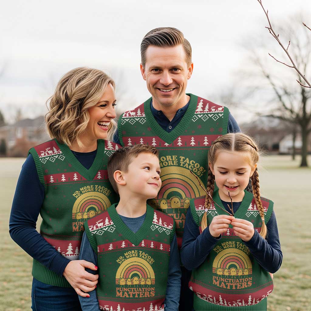 Funny Taco English Teacher V-Neck Knit Sweater Vest No More Tacos Punctuation Matters - Wonder Print Shop