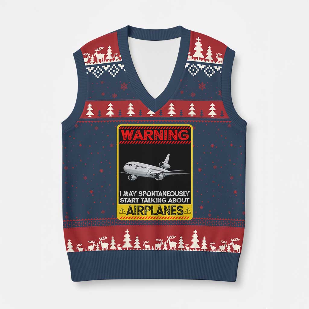Funny Pilot V-Neck Knit Sweater Vest Warning May Spontaneously Talk About Airplanes - Wonder Print Shop