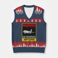 Funny Pilot V-Neck Knit Sweater Vest Warning May Spontaneously Talk About Airplanes - Wonder Print Shop