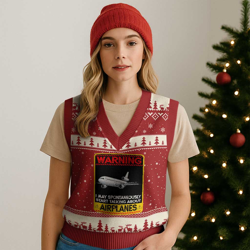Funny Pilot V-Neck Knit Sweater Vest Warning May Spontaneously Talk About Airplanes - Wonder Print Shop
