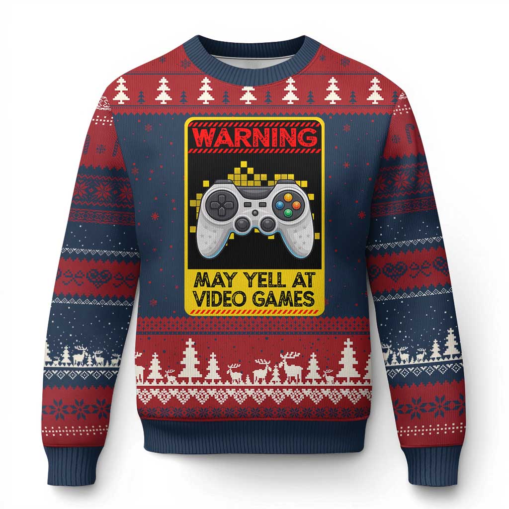 Funny Video Gamer Ugly Christmas Sweater Warning May Yell At Video Games - Wonder Print Shop