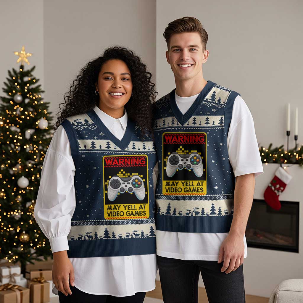 Funny Video Gamer V-Neck Knit Sweater Vest Warning May Yell At Video Games - Wonder Print Shop