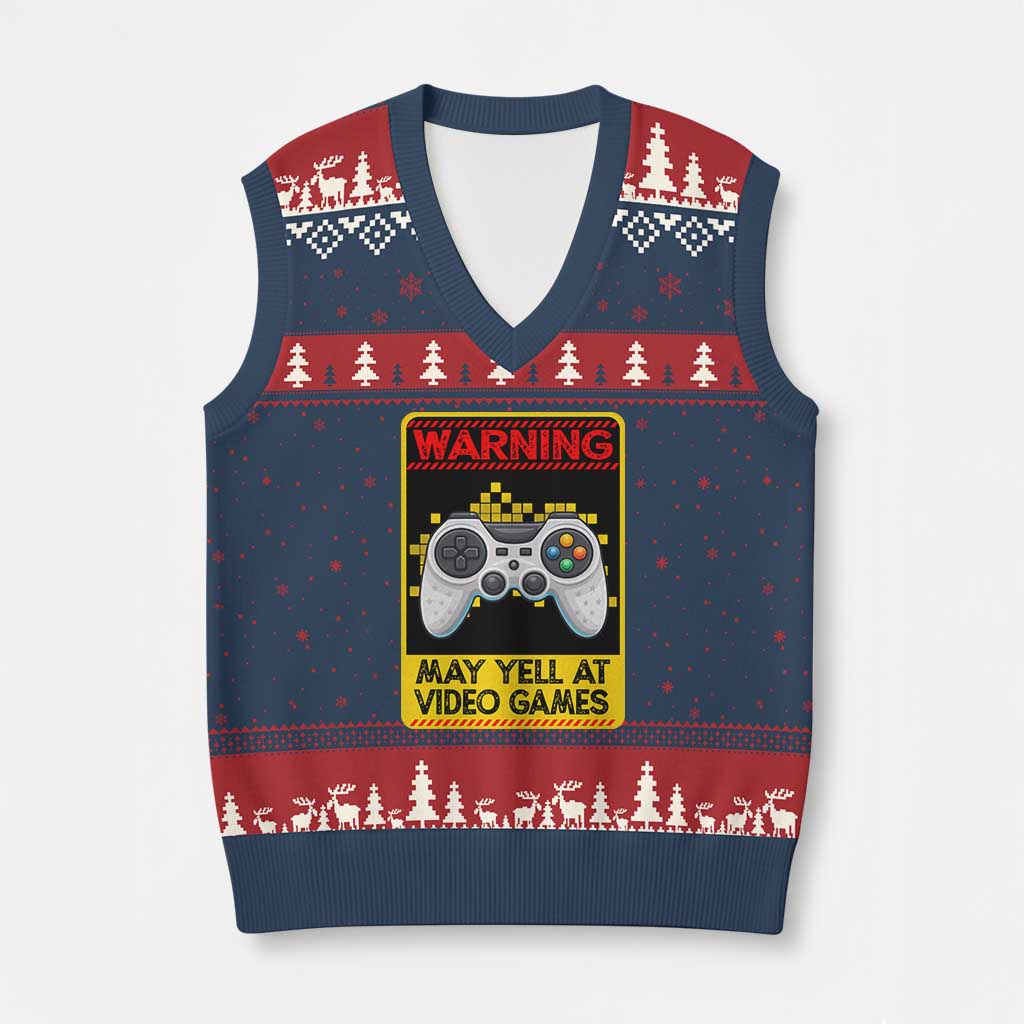 Funny Video Gamer V-Neck Knit Sweater Vest Warning May Yell At Video Games - Wonder Print Shop