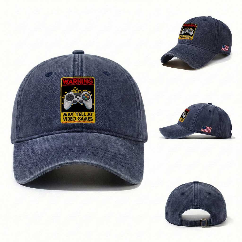 Funny Video Gamer Washed Cotton Baseball Cap Warning May Yell At Video Games