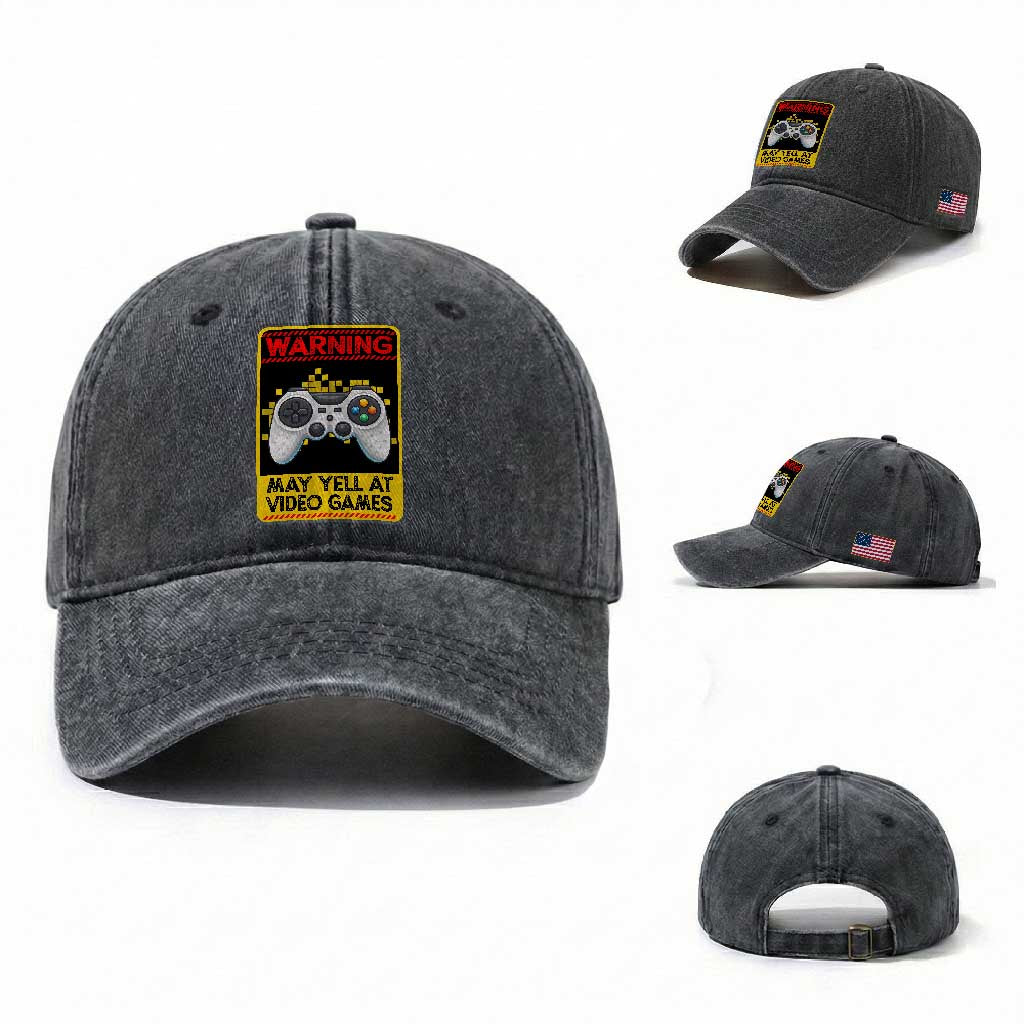 Funny Video Gamer Washed Cotton Baseball Cap Warning May Yell At Video Games