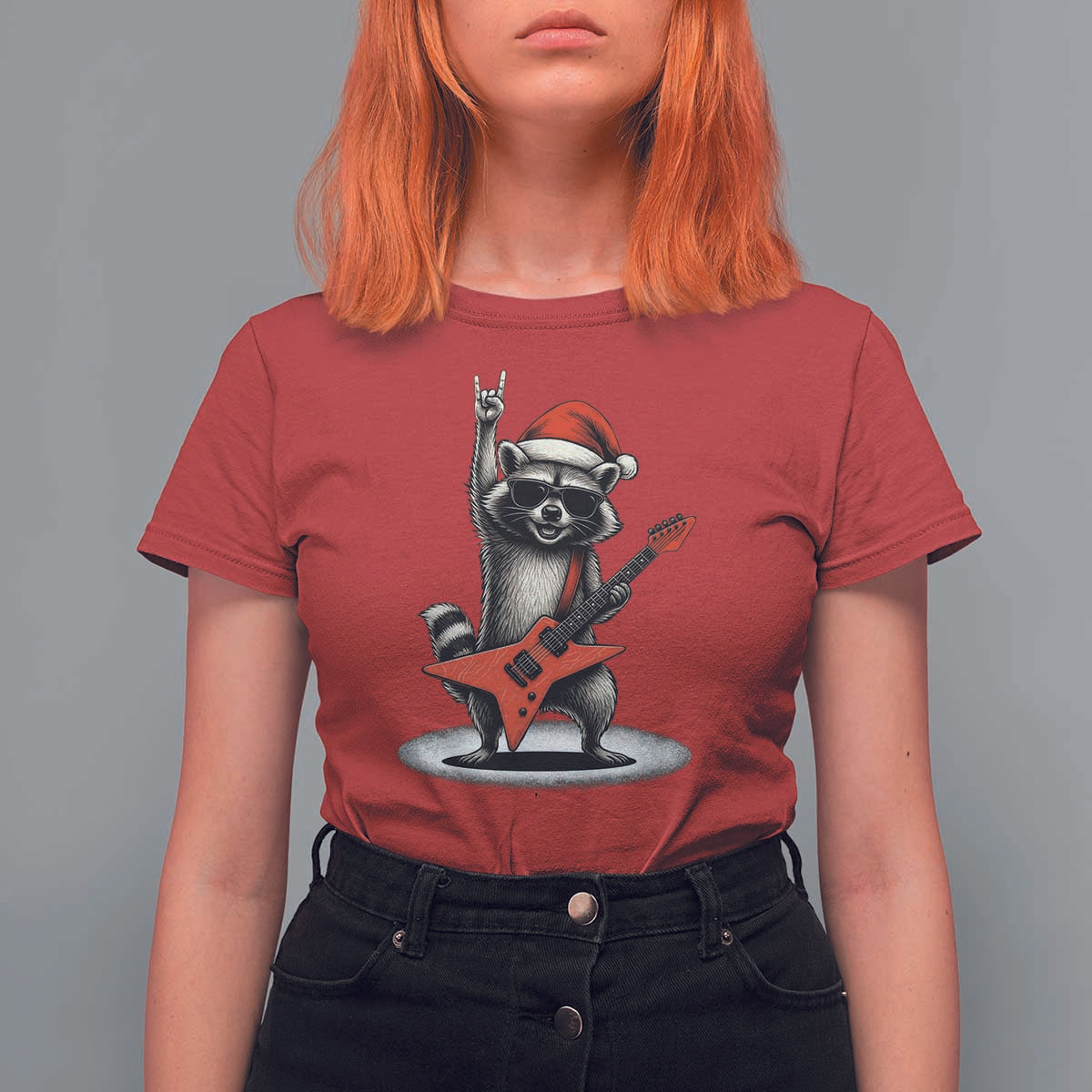 Funny Raccoon Rock Music Christmas T Shirt For Women - Wonder Print Shop