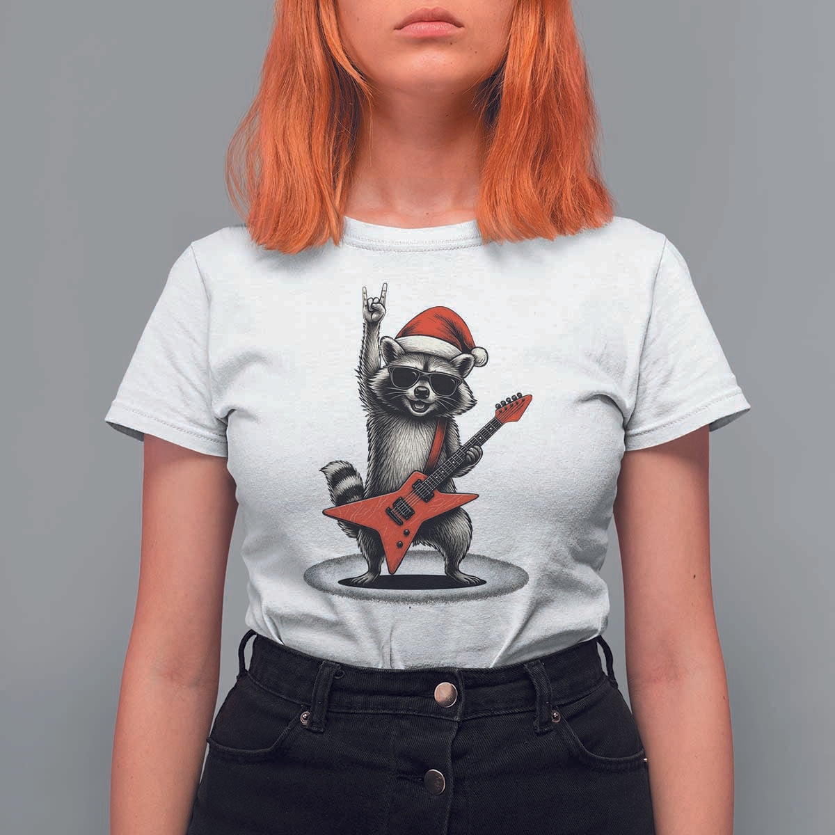 Funny Raccoon Rock Music Christmas T Shirt For Women - Wonder Print Shop