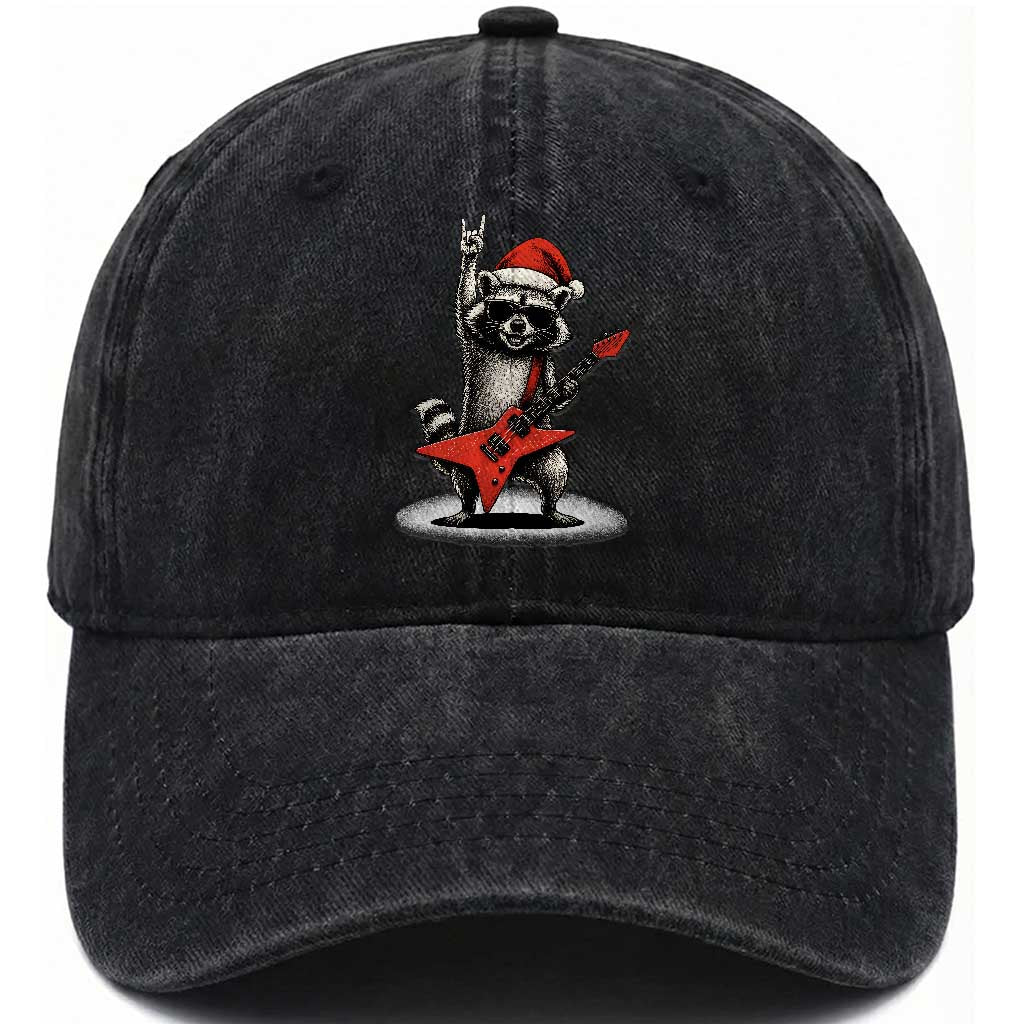 Funny Raccoon Rock Music Christmas Washed Cotton Baseball Cap