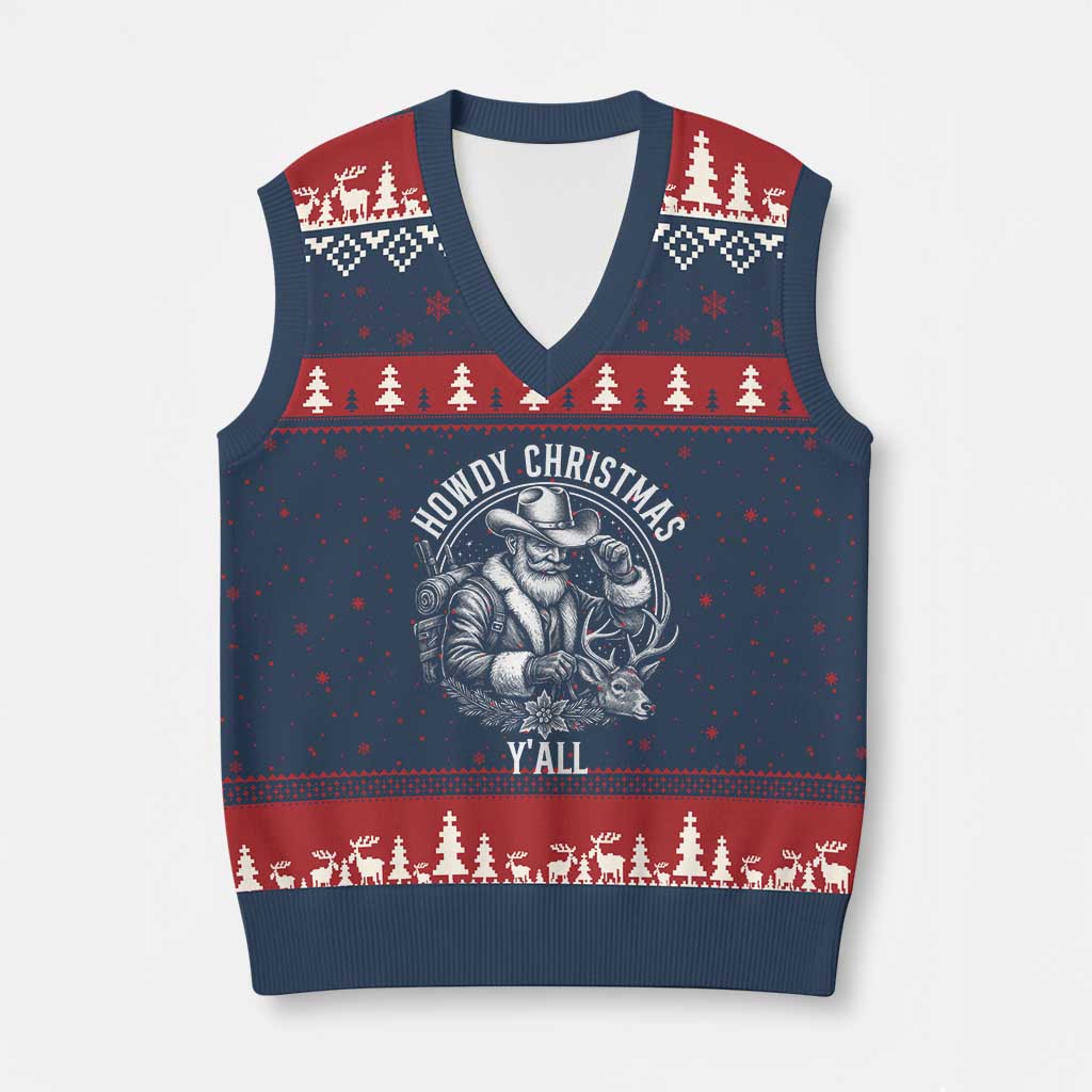 Cowboy Santa Claus V-Neck Knit Sweater Vest Howdy Xmas Y'all Western Country - Wonder Print Shop