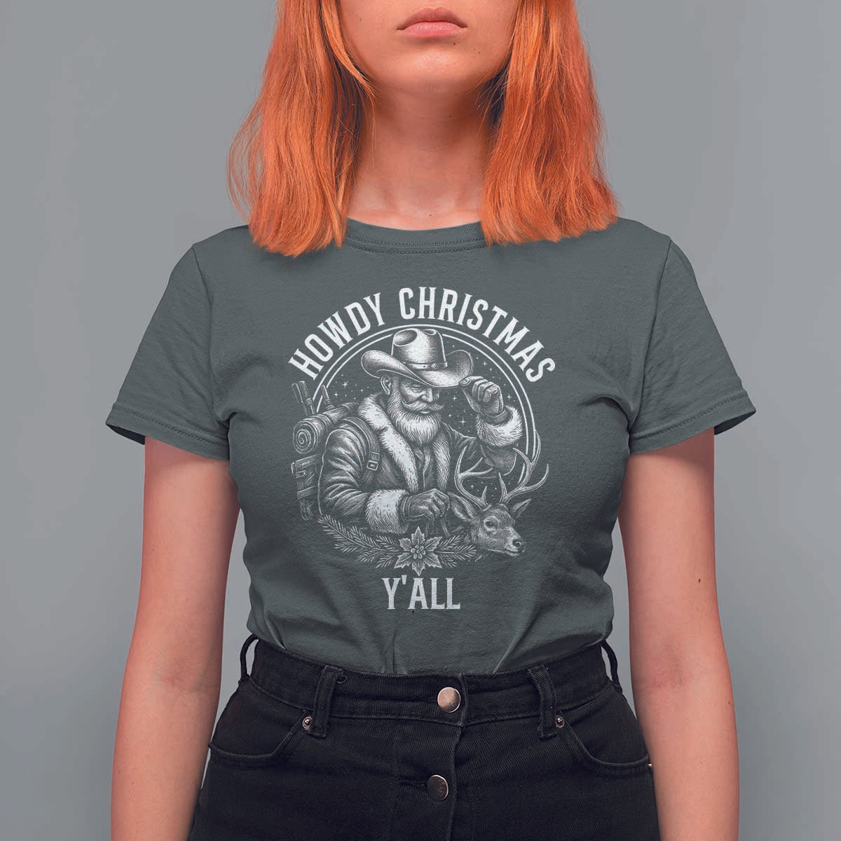 Cowboy Santa Claus T Shirt For Women Howdy Christmas Y'all Western Country - Wonder Print Shop