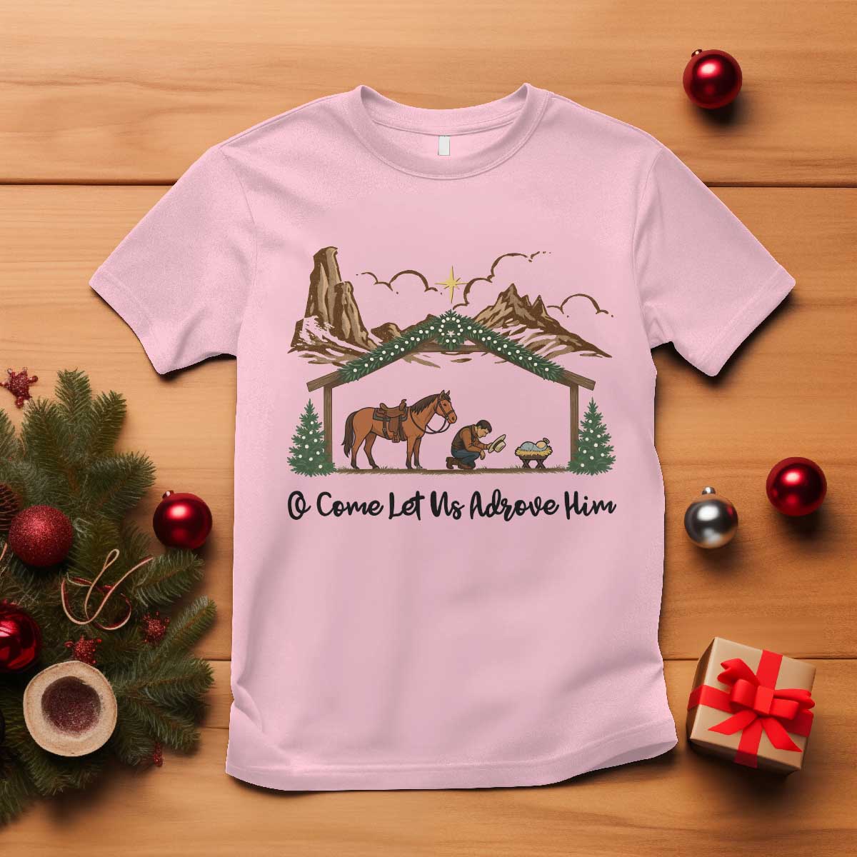 Nativity Scene Christmas T Shirt Cowboy Bible Scripture Verse Western - Wonder Print Shop