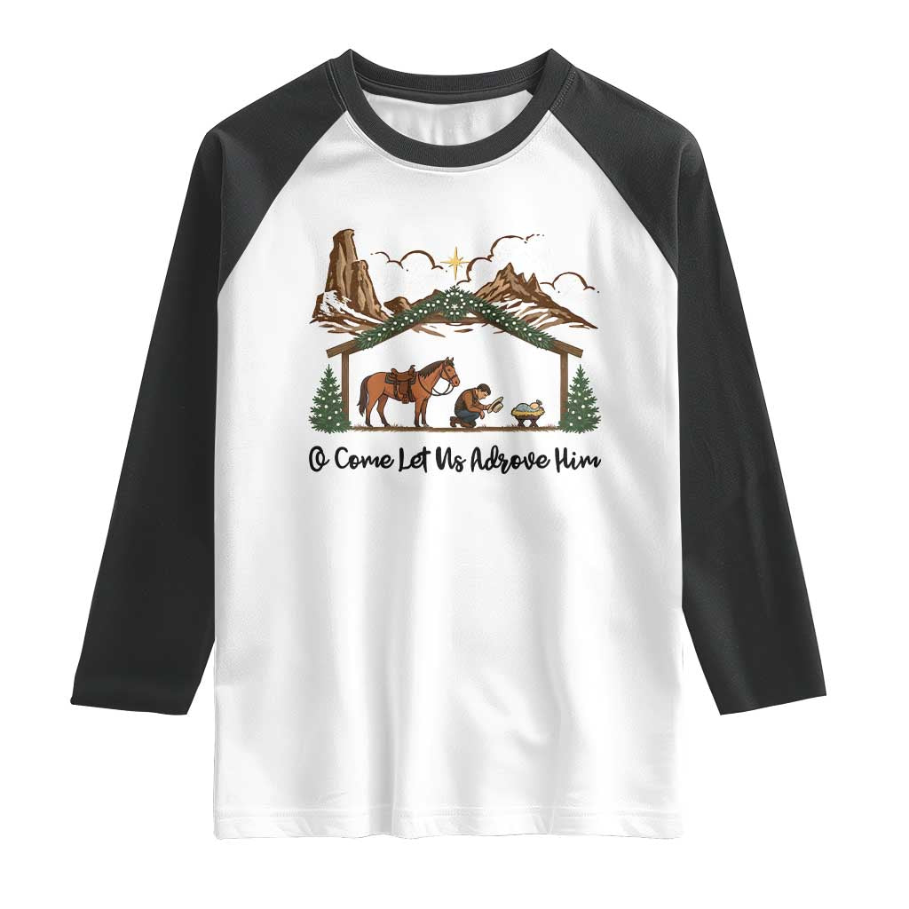 Nativity Scene Christmas Raglan Shirt Cowboy Bible Scripture Verse Western - Wonder Print Shop