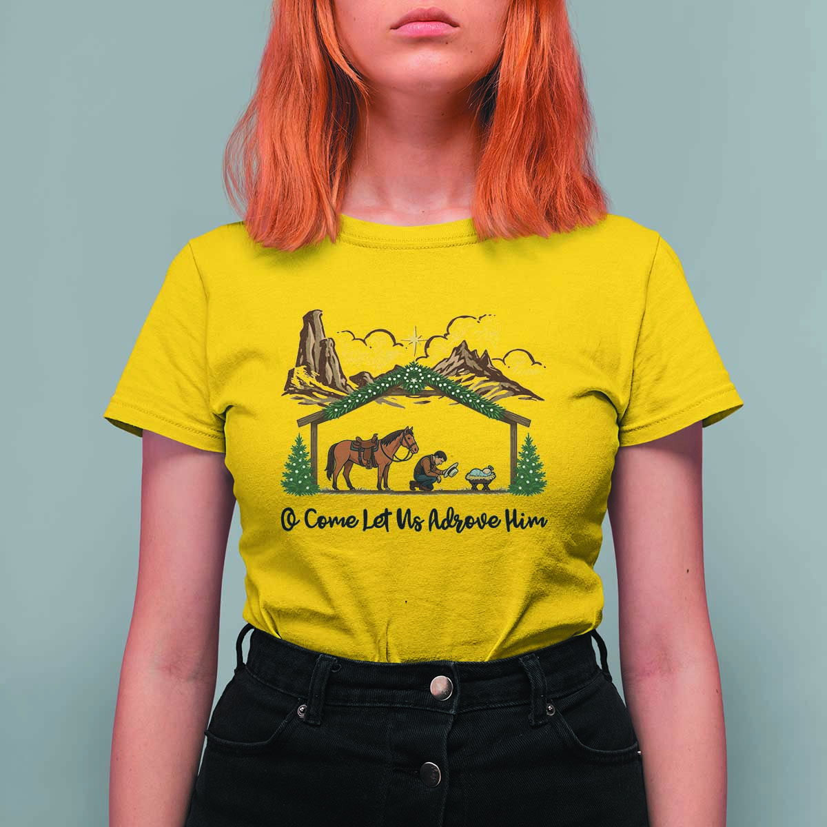 Nativity Scene Christmas T Shirt For Women Cowboy Bible Scripture Verse Western - Wonder Print Shop