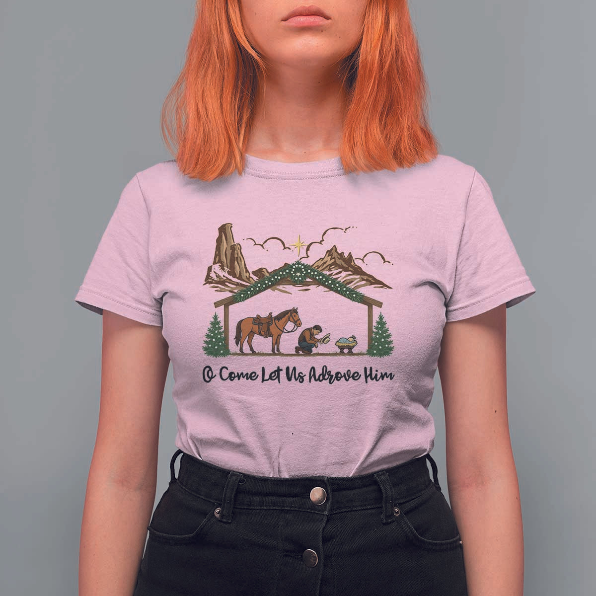 Nativity Scene Christmas T Shirt For Women Cowboy Bible Scripture Verse Western - Wonder Print Shop